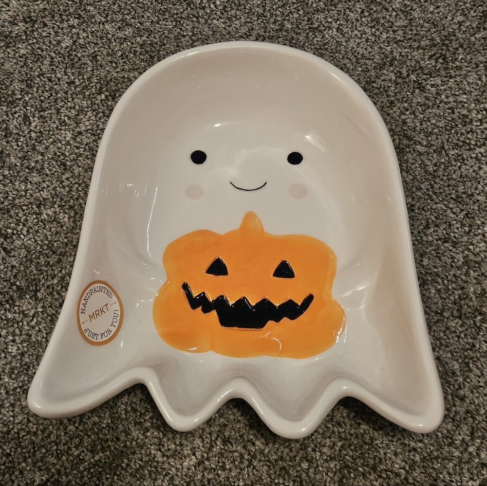 Ghost Shaped Halloween Dish with Pumpkin Design Candy Treats